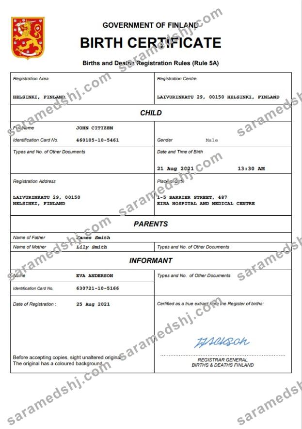 Finland vital record birth certificate Word and PDF template